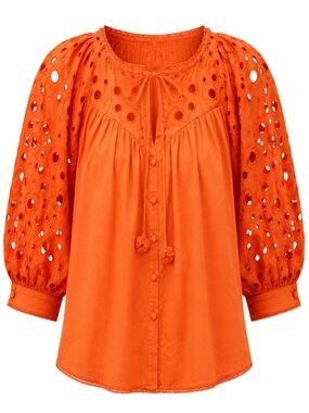 Anthropologie Orange Eyelet Peasant Blouse Size 1X Boho Cotton